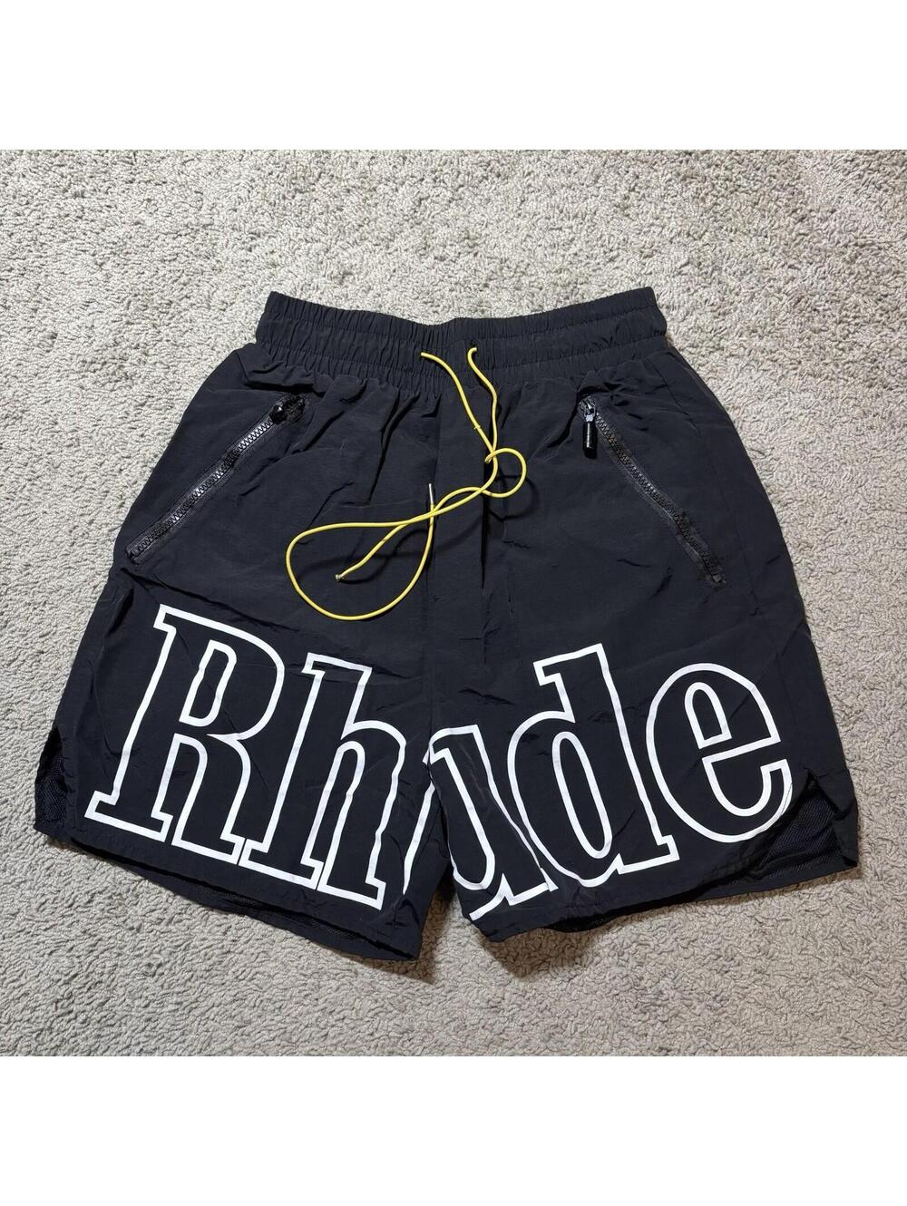 Rhude Black Nylon Mesh Lined Logo Replica Swim Trunks Shorts Made In USA M